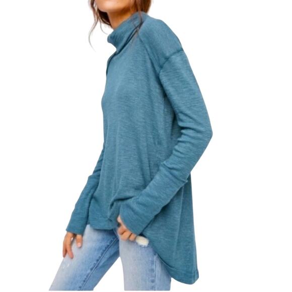 Free People Split Back Turtleneck Top - Blue Small - Picture 2 of 12